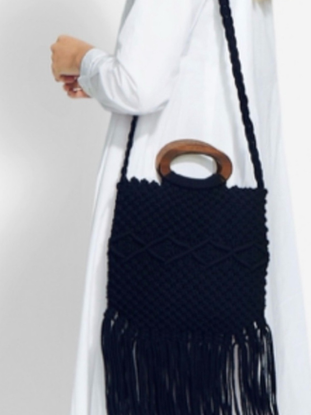 Danielle Nicole Black Macramé Fringe Shoulder Bag with Wooden Handle